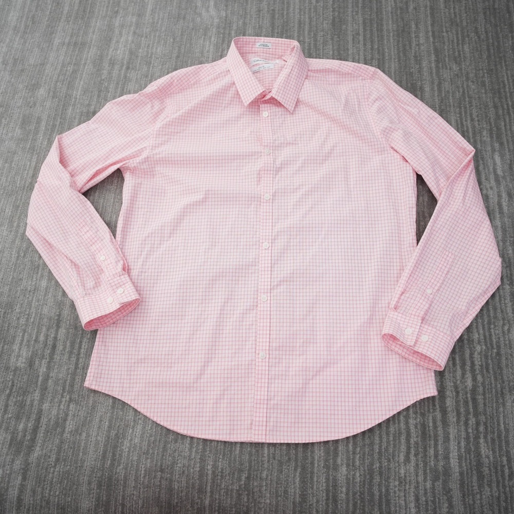 Calvin Klein Shirt Men Button Up Pink White Square Slim Fit Cool Tech No Iron XL